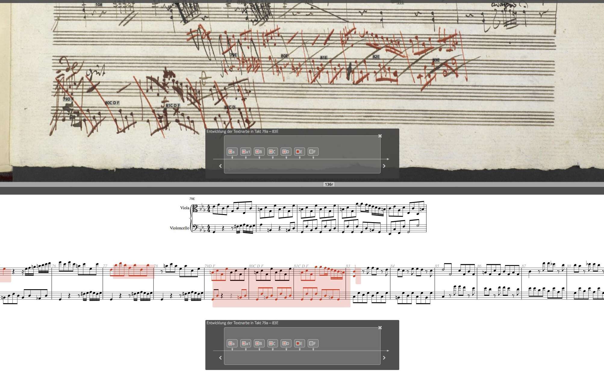 Screenshot aus Software "VideApp" aus der digitalen Variantendarstellung des Duetts für Viola und Violoncello WoO 32.