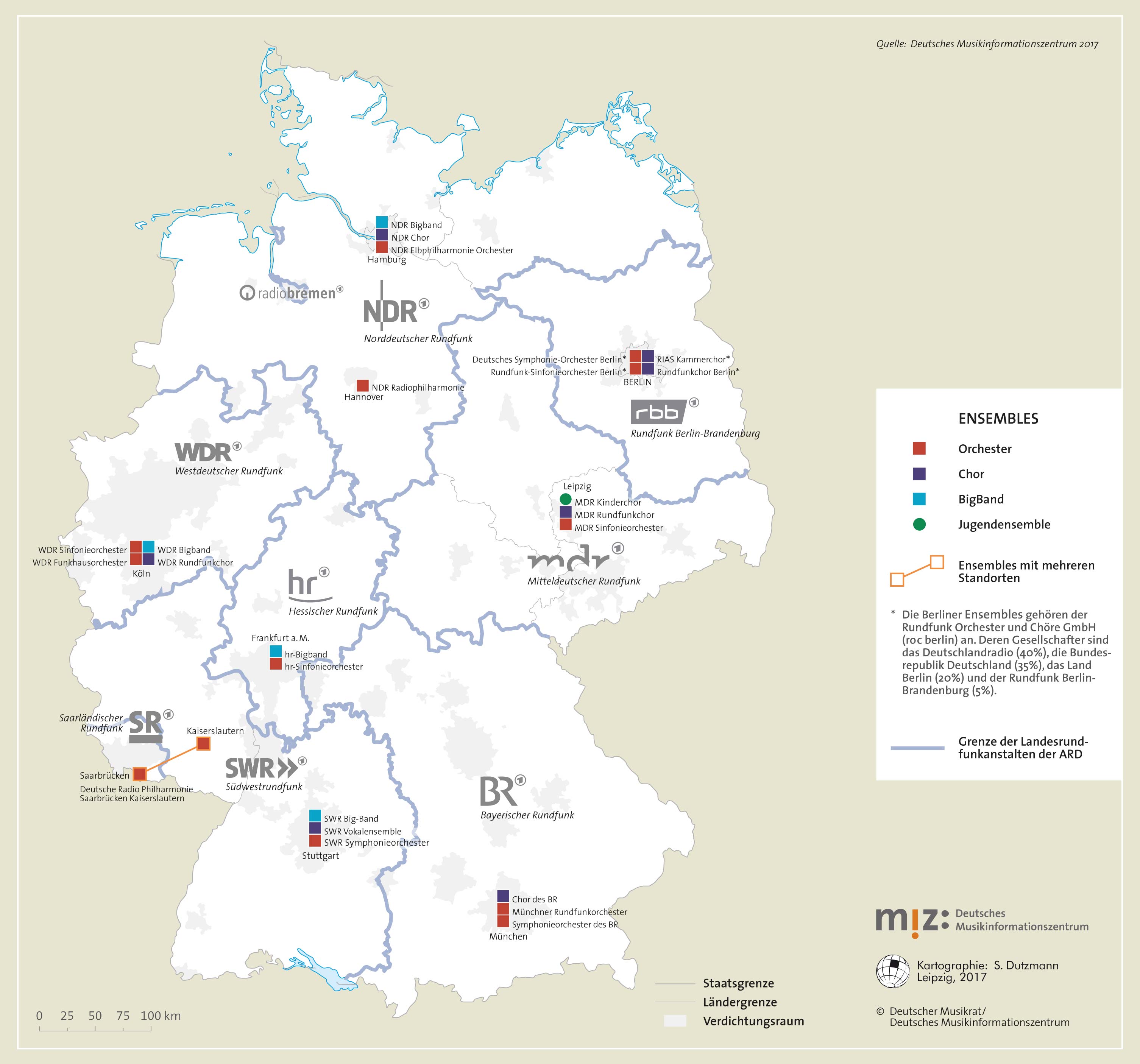 Karte Sendegebiete und Ensembles der ARD-Landesrundfunkanstalten