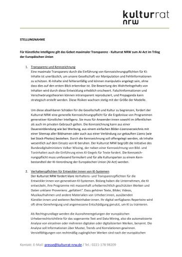 Stellungnahme AI-Act Kulturrat NRW