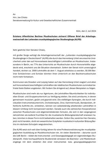 Cover Appell zur Sicherung der Berliner Musikschulen