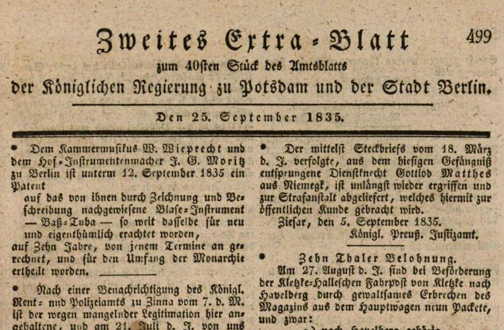 Bekanntgabe des Patents auf die Basstuba vom 12. September 1835